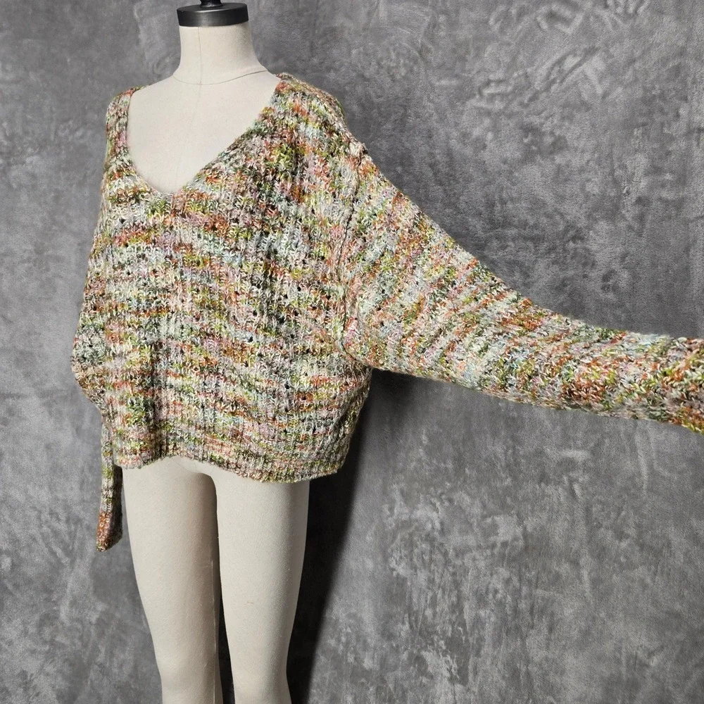 Free People Sweater Women S Multicolor V-Neck Oversized Chunky Knit Boho Earthy